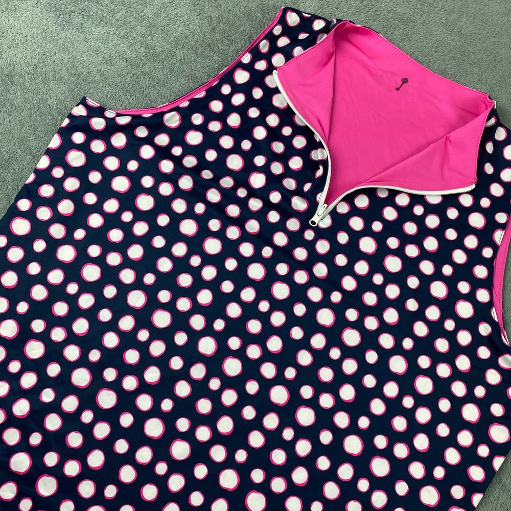 Key Apparel Women XL Tank Top Pink Navy Blue Reversible Polka Dot Quarter Zip